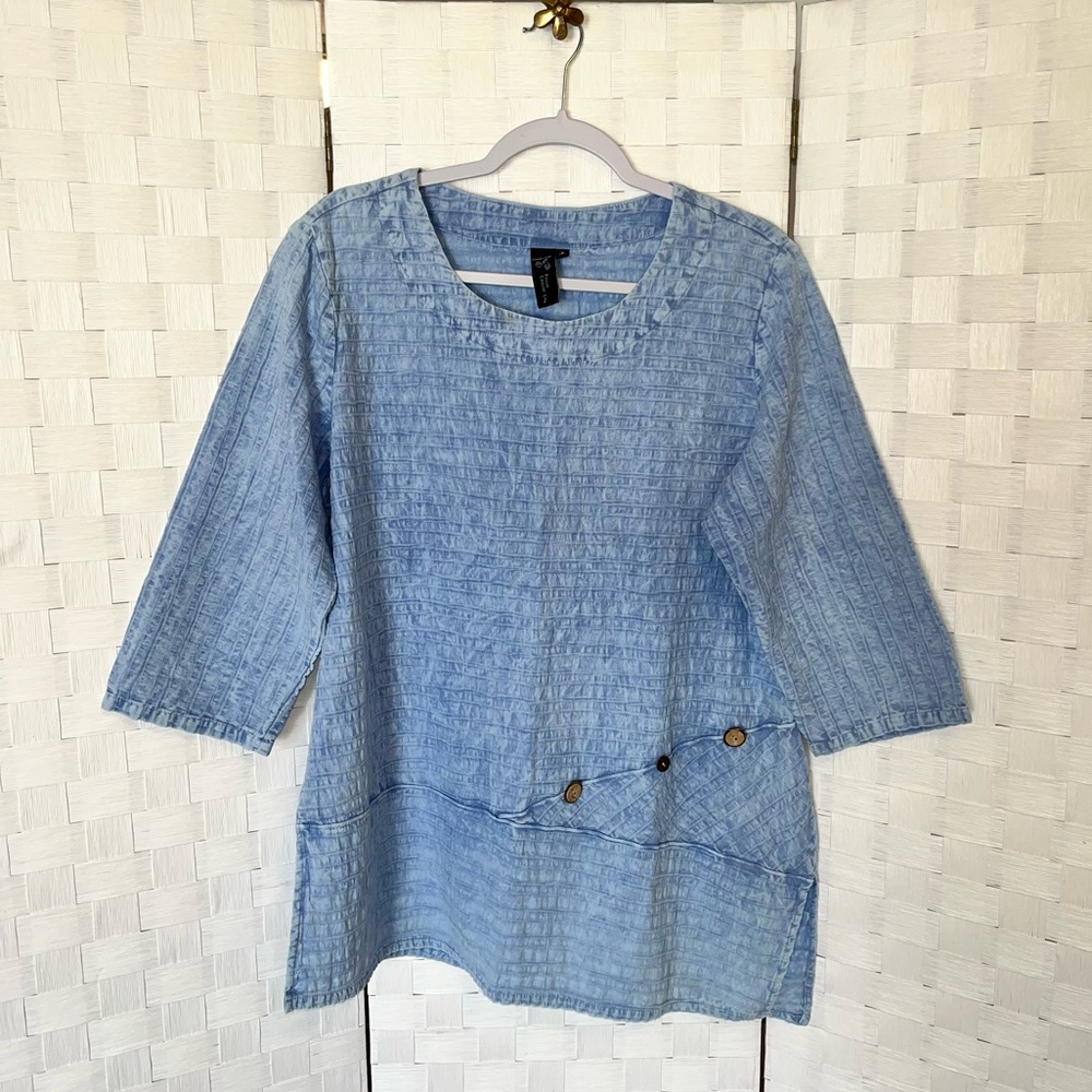 Focus Casual Life Blue Asymmetrical Top Size Medium Artsy Lagenlook 100% Cotton